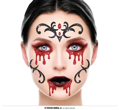 Productafbeelding van Vampier Halloween gezichtsstickers, glitters, make-up, glanzende horrordecoratie, mysterieus, dramatisch, bloedig, creatieve gezichtsbewerking, feestaccessoire, kleur: zwart