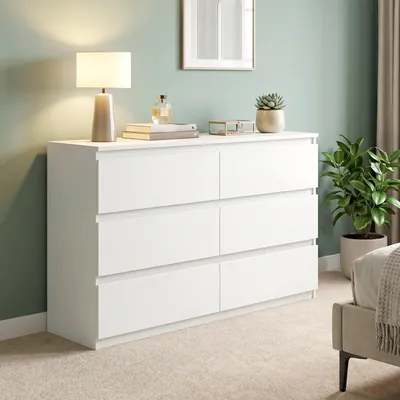 Obrázek produktu pro Komoda se 6 zásuvkami, moderní úložný prostor | Barva: bílá | Rozměry: 112 x 34 x 75 cm