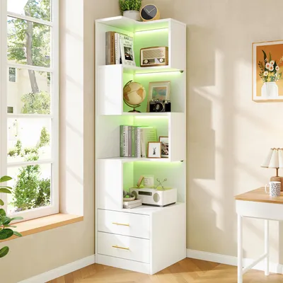 Productafbeelding van okwish Boekenkast met 4 niveaus, LED-verlichting, hoge kast, opbergkast met 2 lades, veel opbergruimte, vitrine, wit