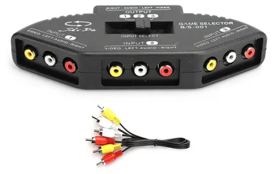 Zdjęcie produktu dla Rozdzielacz sygnału audio-wideo RCA 3 wejścia, 1 wyjście, czarny. Przełącznik z kablem AV do DVD, VCD, VCR. Czarny