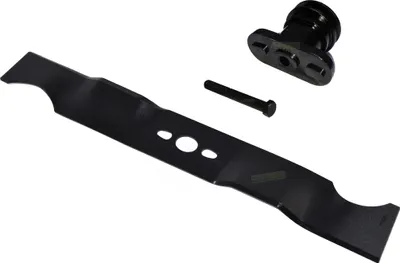 A lawnmower blade, a bolt, and a blade holder are arranged on a white background.