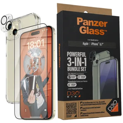Produktbild von PanzerGlass ® 3-in-1 Set iPhone 15 Plus, Apple, Apple - iPhone 15 Plus, Trockene Anwendung, Schockresistent, Transparent, 1 Stück(e)