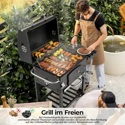Immagine prodotto di Barbecue a carbone con coperchio, affumicatore e ruote, griglia da giardino mobile per uso esterno
