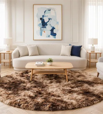 Productafbeelding van Hoogpolig vloerkleed 120 cm, bruin, rond, antislip, voor woonkamer