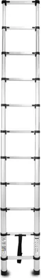 A fully extended aluminum telescopic ladder with 11 steps, shown against a white background.