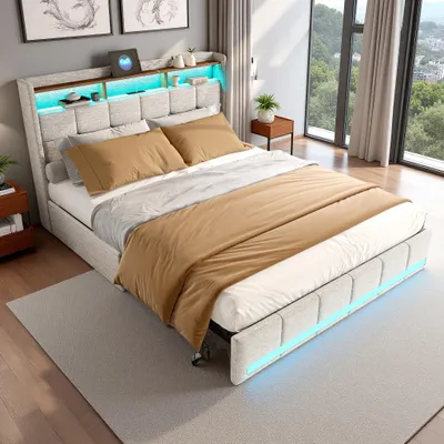 Immagine prodotto di Letto imbottito ProximaX 180x200 cm - Lino beige, 4 cassetti, illuminazione LED, connessione USB e Type-C - Ideale per camere da letto