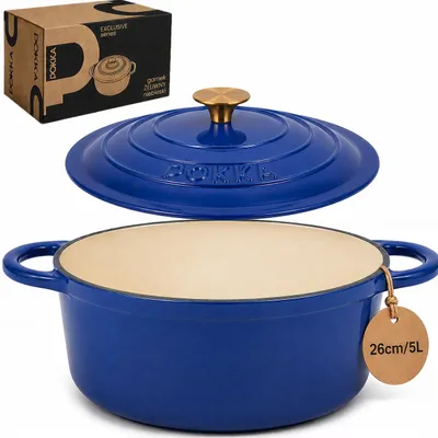 Obrázek produktu pro Smaltovaný litinový hrnec s poklicí, 26 cm, objem 5 litrů, značka POKKA, vhodný pro indukční vařiče, barva: modrá