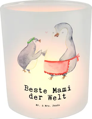 Produktbild von Mr. & Mrs. Panda Kerzenhalter Pinguin Beste Mami der Welt - Transparent - Geschenk, Teelichthalter, Windlicht aus Glas, Terrasse, Muttertag, Geschenkidee, Outdoor, Ma