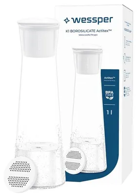 Wasserfilterkanne aus Glas, 1 l, mit Actitex Disc Filter, weiß