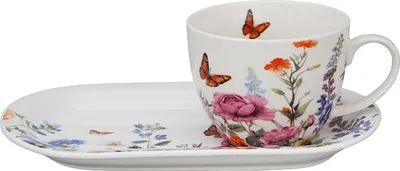 Produktbild von DUO Flowers Classic SUMMER Frühstücks-Set Tasse 450 ml mit langem Unterteller, New Bone China Porzellan