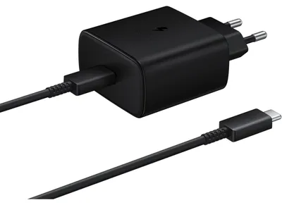 Immagine prodotto di Caricabatterie da parete Samsung Fast PD USB-C, modello EP-TA845XBEGWW, con cavo USB-C incluso, 45W, colore nero, confezione multipla