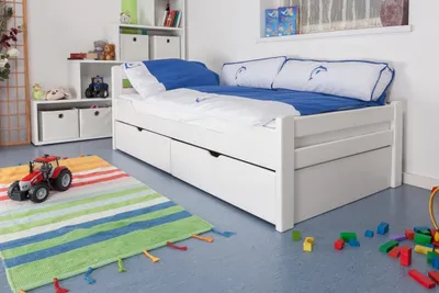 Produktbild von Kinderbett / Jugendbett "Easy Premium Line" K1/2n inkl. 2 Schubladen und 2 Abdeckblenden, 90 x 200 cm Buche Vollholz massiv weiß lackiert