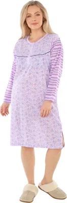 Produktbild von Nachthemd Damen langer Arm gestreift Nachtgewand Schlafhemd Nachtwäsche, Größe:XL, Farbe:Lila