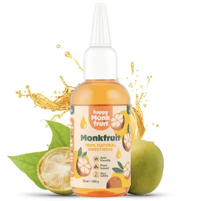 Obrázek produktu pro Happy Monkfruit Monk Fruit mnišské ovoce kapky 75 ml, 250 porcí, až 15x sladší než cukr, bez erythritolu a stévie, nízkokalorické, keto, vegan