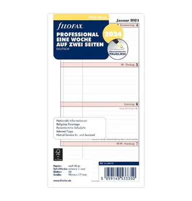 Produktbild von Filofax Kalendereinlage Personal 95 x 171 mm : Professional Eine Woche auf zwei Seiten 2024 deutsch