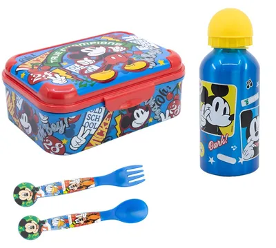 Produktbild von Disney Mickey Maus 4 tlg Lunch Set Brotdose Alu Trinkflasche 400 ml Löffel Gabel
