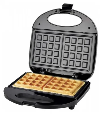 An open waffle maker with two waffles inside.