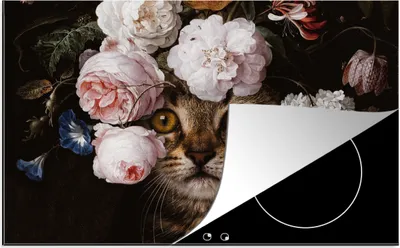 Produktbild von KitchenYeah© Herdabdeckplatte Katze - Blumen - Kunst , 81x52cm, Küche Deko, Glaskeramikkochfeld Herdabdeckung, Abdeckplatte fùr Kochfeld