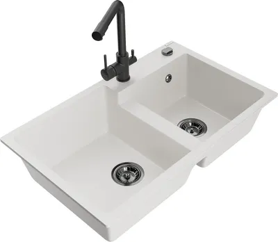 Produktbild von Mexen Tomas 2-Becken-Granitspüle mit Mischbatterie Duero, Weiß - 6516-20-671600-70