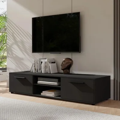 Obrázek produktu pro Modena TV lowboard 190 cm - moderní TV podstavec s úložnými skříňkami a otevřenými přihrádkami, funkční kus nábytku pro obývací pokoje a TV prostory (černý)