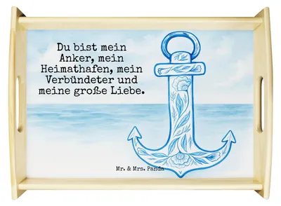 Produktbild von Mr. & Mrs. Panda Tablett Anker Blau Design - Weiß - Geschenk, Sofa, Holztablett, Lustige Sprüche, sofatablett, holz serviertablett, Deko