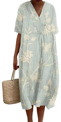 Produktbild von Sommerkleid für Damen – Blumenmuster mit V-Ausschnitt – Kurze Ärmel