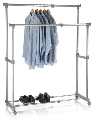 Produktbild von Garderobenwagen Rollgarderobe Kleiderständer Kleiderwagen Garderobenständer Rollkleiderständer CASA in grau, 2 Kleiderstangen, Metallgestell verchromt, höhen- und breitenverstellbar