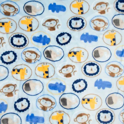 Produktbild von Wellness Meterware Fleece Tierkinder Löwe Giraffe blau gelb braun 140cm dunkelblau