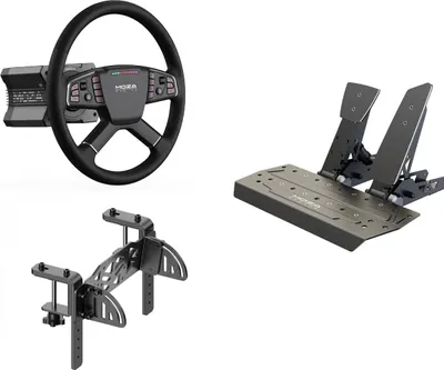 A collage of three separate gaming accessories for a racing simulator setup, including a steering wheel, pedals, and a clamp mount.