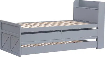 Produktbild von Merax Massivholzbett Einzelbett 90x190cm mit Ausziehbett und USB, Funktionsbett mit 2 Schubladen und Stauraumfach, Kiefer Tagesbett Funktionsbett Gästebett Kinderbett, Grau