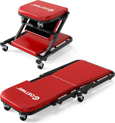 Produktbild von COSTWAY 2in1 Rollbrett Werkstatt, Montagerollbrett mit 6 Rollen & gepolstertem Sitz, KFZ-Rollbrett bis 150kg, Werkstatthocker 92x41x12cm Rot
