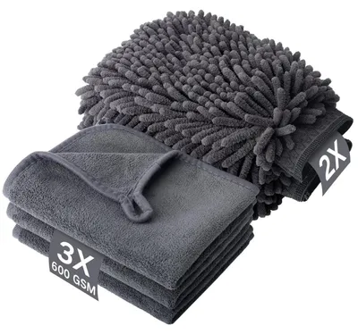 Obrázek produktu pro Sada pro údržbu vozidla (5 kusů): 3 utěrky z mikrovlákna (600 GSM) a 2 mycí rukavice, vynikající savost, bez poškrábání, rozměry 40x30 cm