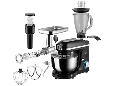 A black kitchen mixer with various attachments, including a blender and meat grinder, displayed on a white background.