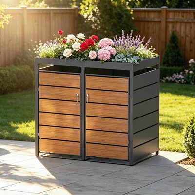 Image de Abri pour poubelles D15GW2Z, pour 2 poubelles, avec serrure antivol, couleur anthracite