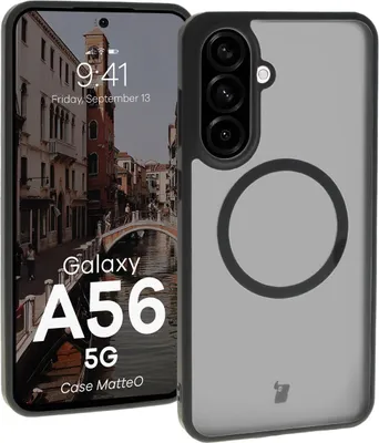 Produktbild von Bizon Case MatteO Magnetische Ringhülle für Galaxy A56 5G, halbtransparent mit schwarzem Rahmen