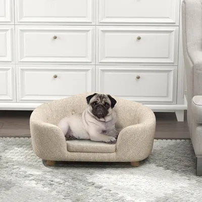 Image de Canapé pour chien avec coussin et dossier, lit pour chien et canapé pour chat, en peluche, mousse et bois de pin, blanc crème | 70 x 47 x 30 cm | jusqu'à 4,5 kg | Style canapé