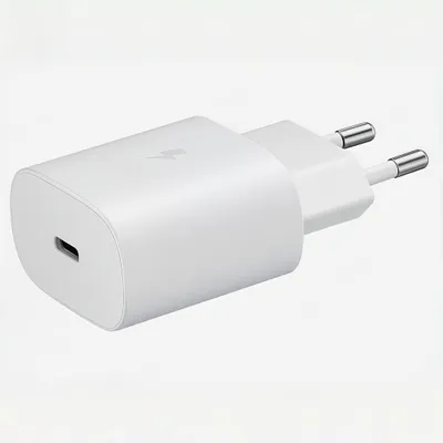 A white USB-C fast charger with European plug prongs.