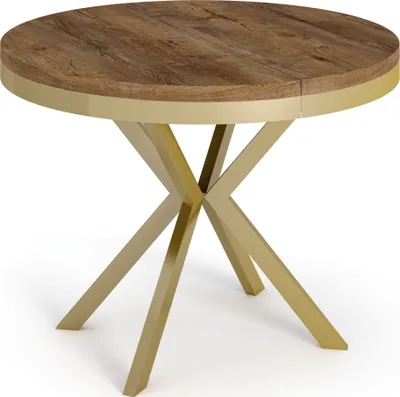 Produktbild von Runder Ausziehbarer Esstisch - Loft Style Tisch mit Goldenen Metallbeinen - 100 bis 180 cm - Industrieller Tisch für Wohnzimmer - Kompakt - 100 cm - Lefkas Eiche
