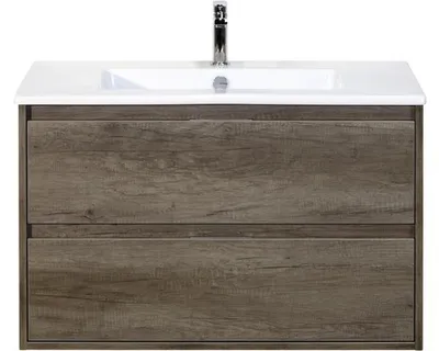 Produktbild von Sanox Badmöbel-Set Porto BxHxT 91 x 57 x 51 cm Frontfarbe nebraska oak mit Waschtisch Keramik weiß Griff chrom 84718824