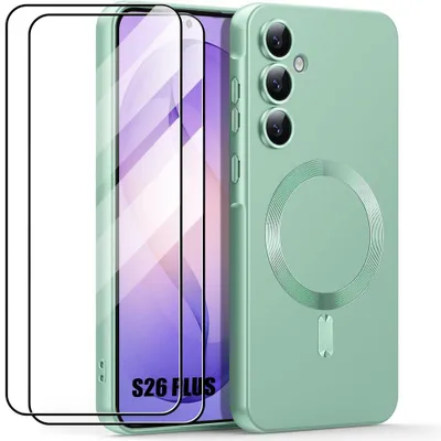 Image de Coque + 2 Verres Trempés pour Samsung Galaxy S26 Plus, Protection Silicone Fine Antichoc avec Anneau Magnétique - Vert