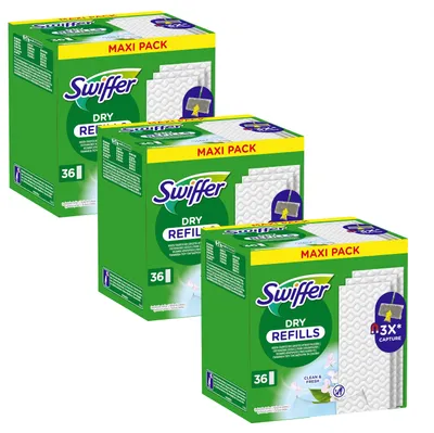 Obrázek produktu pro Swiffer suché utěrky Clean & Fresh, balení 108 kusů s vůní Febreze (3 balení po 36 kusů), zachytávají a uzavírají prach