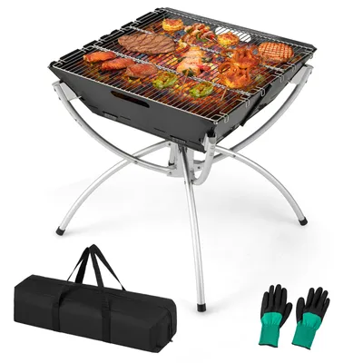 Produktbild von GOPLUS 3 in 1 Feuerstelle Outdoor, Feuerschale mit Edelstahlgrill, , Handschuhe & Tragtasche, Feuerkorb klappbar tragbar Garten Camping Grill, 45x45x49 cm