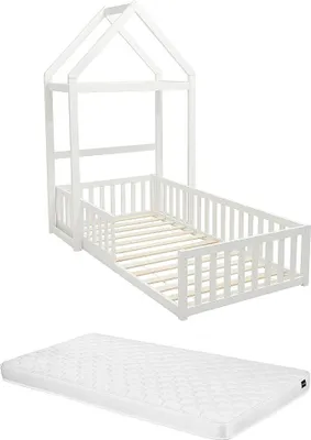 Produktbild von Hüttenbett 90 x 190 cm - Kiefer und MDF - Weiß + Matratze - VARLAINE
