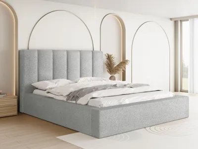 Obrázek produktu pro Čalouněná postel 200x200 s roštem a roštovým rámem - Postel s vysokým čelem, bucle nebo sametová látka - Moderní manželská postel s úložným prostorem - Rám postele, bez matrace - Amira - šedá