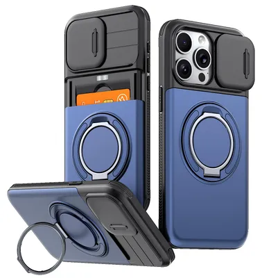 Obrázek produktu pro Pouzdro pro iPhone 13 Pro, Přihrádkou na karty, posuvným krytem fotoaparátu, kroužkovým stojánkem Modrá