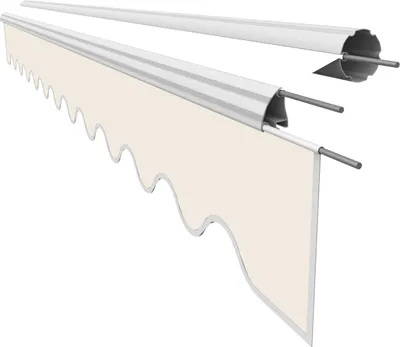 A close-up, studio shot of a retractable awning's fabric valance and mounting hardware.