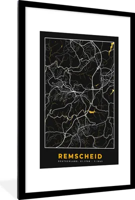 Produktbild von MuchoWow® Gerahmtes Poster Remscheid - Stadtplan - Gold - Karte - Deutschland 60x90 cm - Poster mit Schwarzem Bilderrahmen Wandposter Rahmen Foto Bilder - Dekoration - Wandposter Wohnzimmer - Hochwertig