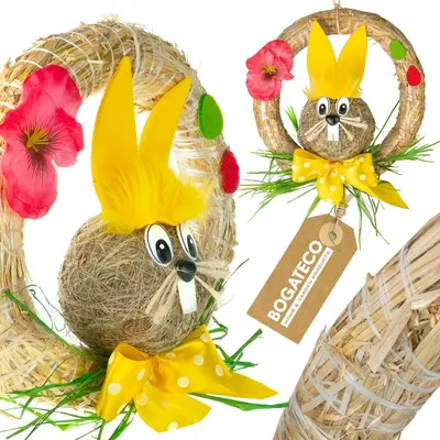 Image de Couronne de Pâques avec lapin en paille 25cm | couronne de porte décorative avec accroche | décoration de Pâques naturelle à suspendre à la porte | fait main