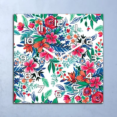 Produktbild von Deko Glasuhr Wanduhr 30x30 Bunte Blumen Quarz Küchenuhr Bürouhr