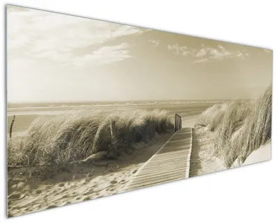 Produktbild von Wallario Küchenrückwand aus Glas, Größe: 125 x 50 cm, Motiv: Auf dem Holzweg zum Strand in Sepiafarben | Spritzschutz | abwischbar | pflegeleicht | in